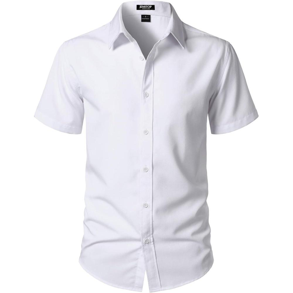 imageJEMITOP Mens Stretch WrinkleFree Textured Shirt Summer Lightweight Short Sleeve Button Down Vacation Beach ShirtsWhite