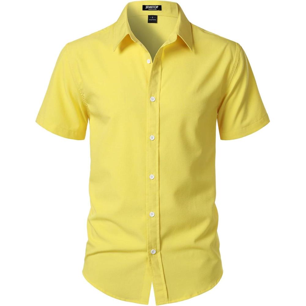 imageJEMITOP Mens Stretch WrinkleFree Textured Shirt Summer Lightweight Short Sleeve Button Down Vacation Beach ShirtsYellow