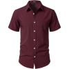 JEMITOP Men’s Stretch Wrinkle-Free Textured Shirt Summer Lightweight Short Sleeve Button Down Vacation Beach Shirts(Burgundy)