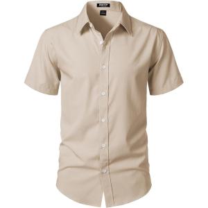 JEMITOP Men’s Stretch Wrinkle-Free Textured Shirt Summer Lightweight Short Sleeve Button Down Vacation Beach Shirts(Beige)
