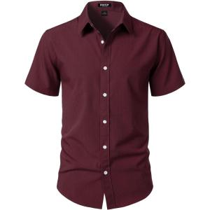 JEMITOP Men’s Stretch Wrinkle-Free Textured Shirt Summer Lightweight Short Sleeve Button Down Vacation Beach Shirts(Burgundy)