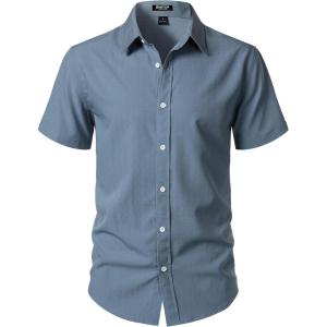JEMITOP Men’s Stretch Wrinkle-Free Textured Shirt Summer Lightweight Short Sleeve Button Down Vacation Beach Shirts(Dusty Blue)