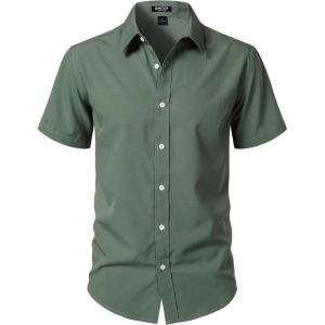 JEMITOP Men’s Stretch Wrinkle-Free Textured Shirt Summer Lightweight Short Sleeve Button Down Vacation Beach Shirts(Green)