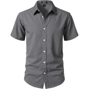 JEMITOP Men’s Stretch Wrinkle-Free Textured Shirt Summer Lightweight Short Sleeve Button Down Vacation Beach Shirts(Grey)