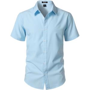 JEMITOP Men’s Stretch Wrinkle-Free Textured Shirt Summer Lightweight Short Sleeve Button Down Vacation Beach Shirts(Light Blue)