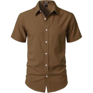 JEMITOP Men’s Stretch Wrinkle-Free Textured Shirt Summer Lightweight Short Sleeve Button Down Vacation Beach Shirts(Light Brown)