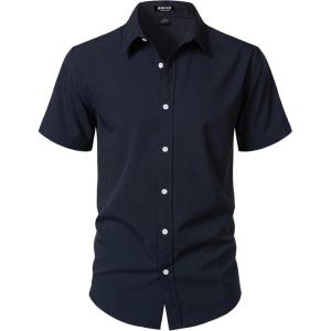 JEMITOP Men’s Stretch Wrinkle-Free Textured Shirt Summer Lightweight Short Sleeve Button Down Vacation Beach Shirts(Navy Blue)