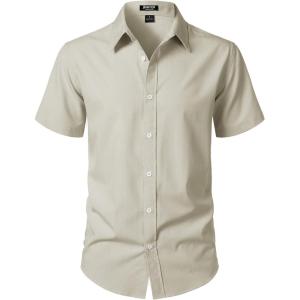 JEMITOP Men’s Stretch Wrinkle-Free Textured Shirt Summer Lightweight Short Sleeve Button Down Vacation Beach Shirts(Tan)