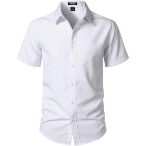 JEMITOP Men’s Stretch Wrinkle-Free Textured Shirt Summer Lightweight Short Sleeve Button Down Vacation Beach Shirts(White)