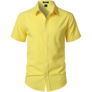 JEMITOP Men’s Stretch Wrinkle-Free Textured Shirt Summer Lightweight Short Sleeve Button Down Vacation Beach Shirts(Yellow)