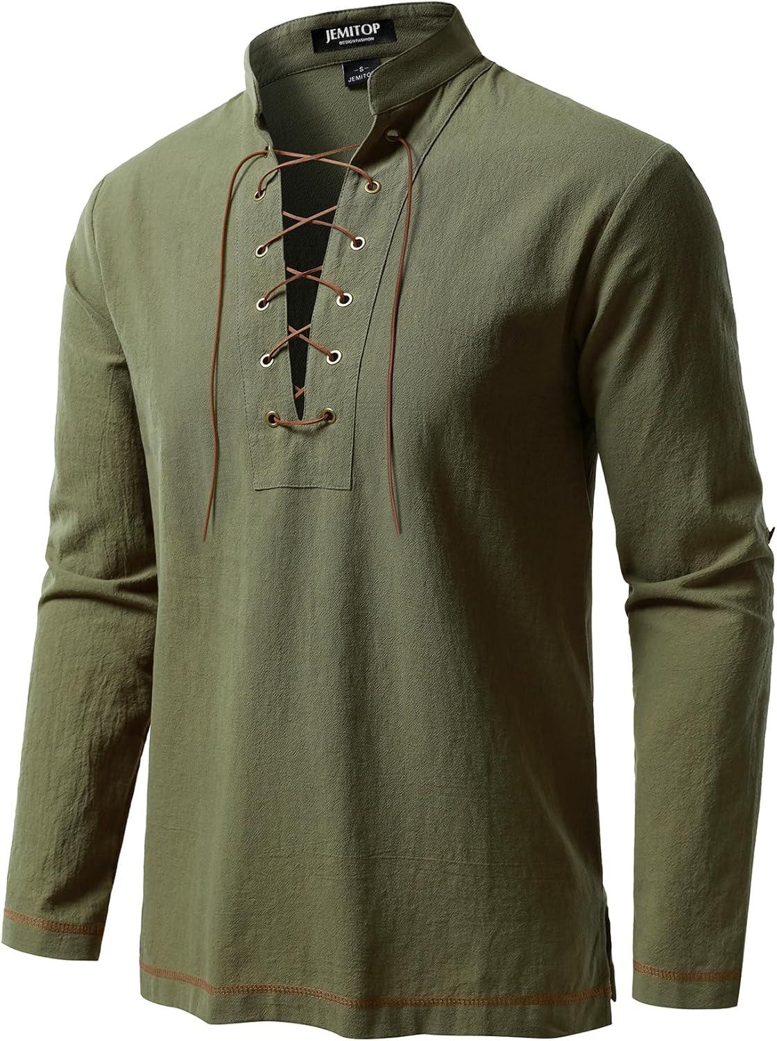 imageJEMITOP Mens Renaissance Cotton Lace Up Shirt Mandarin Collar Long Sleeve Costume for Medieval Pirate Viking Without BeltArmy Green