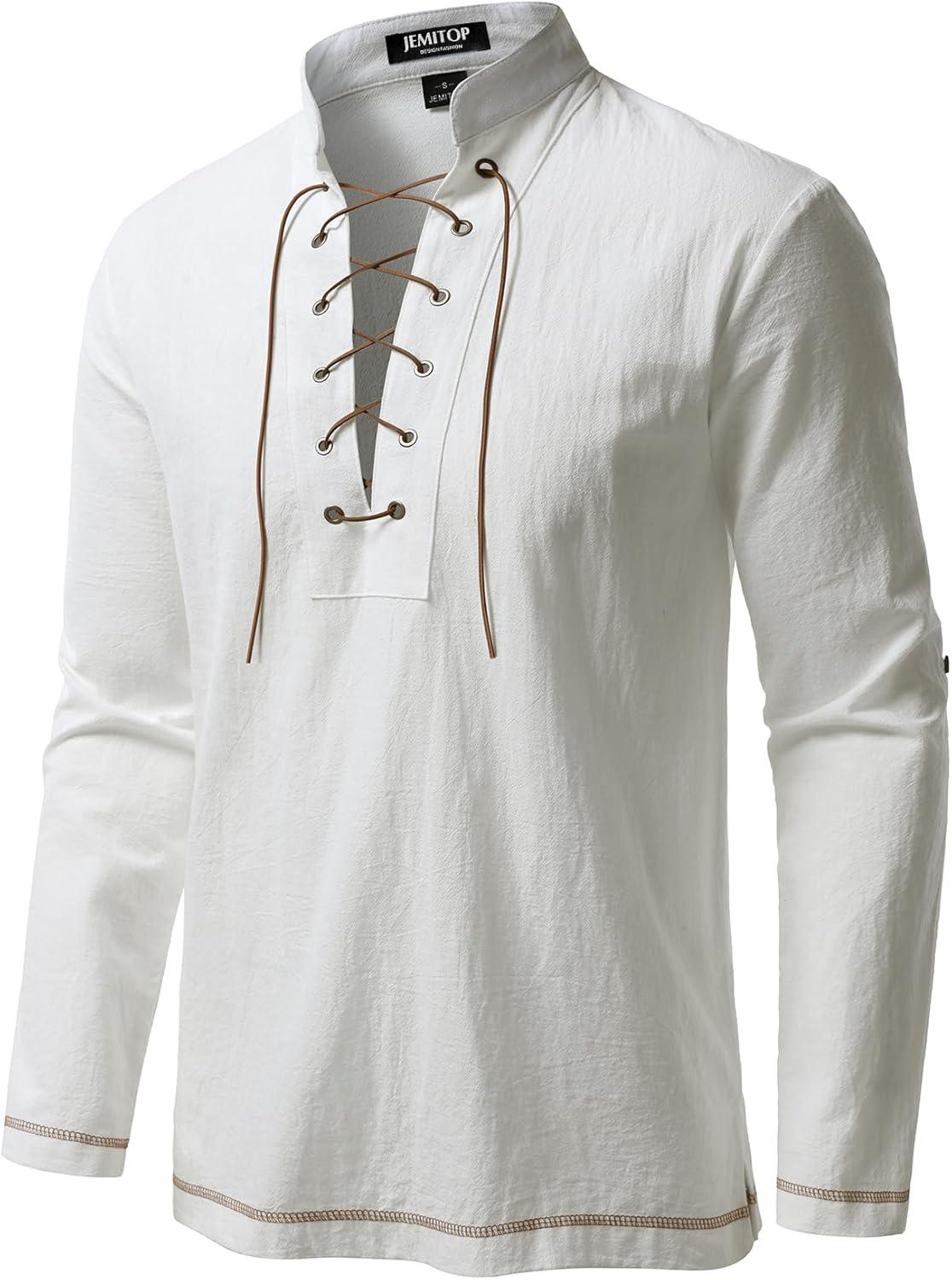 imageJEMITOP Mens Renaissance Cotton Lace Up Shirt Mandarin Collar Long Sleeve Costume for Medieval Pirate Viking Without BeltIvory White