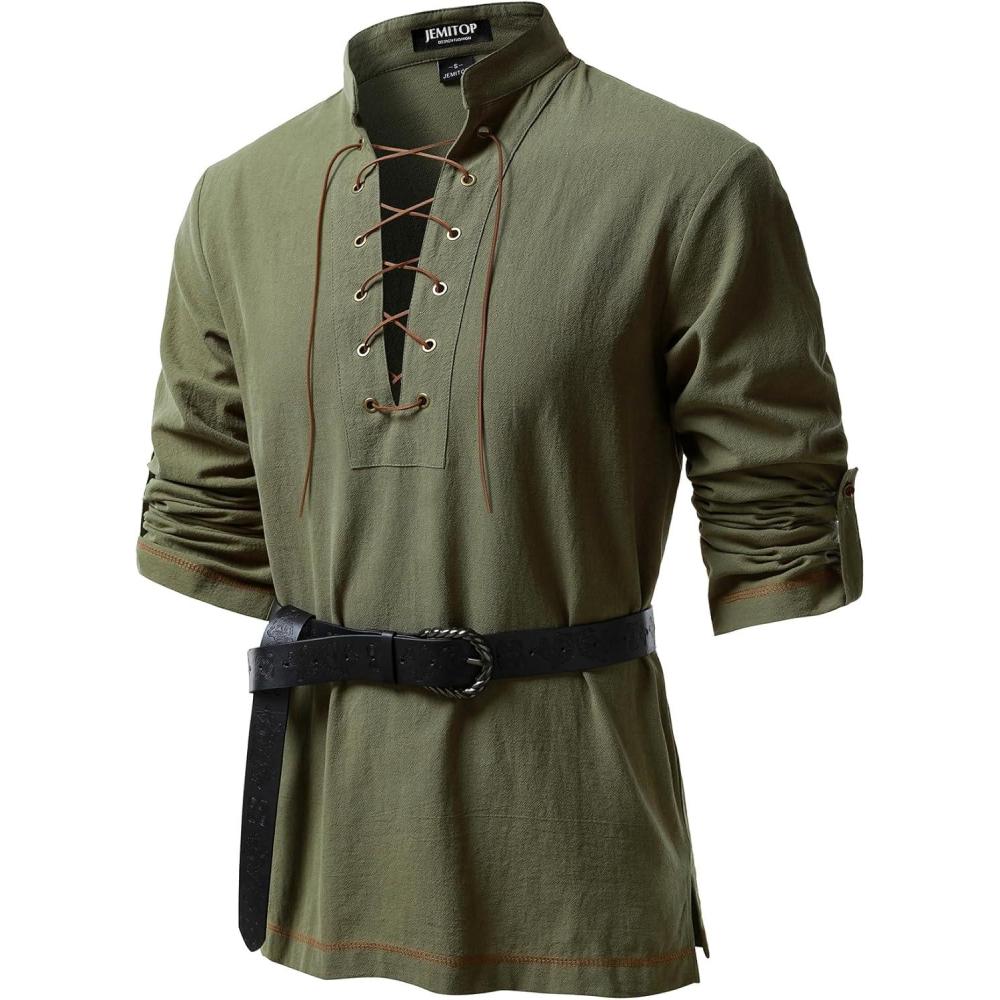 imageJEMITOP Mens Renaissance Cotton Lace Up Shirt Mandarin Collar Long Sleeve Costume for Medieval Pirate Viking Without BeltArmy Green
