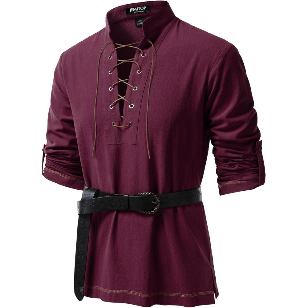 imageJEMITOP Mens Renaissance Cotton Lace Up Shirt Mandarin Collar Long Sleeve Costume for Medieval Pirate Viking Without BeltBurgundy