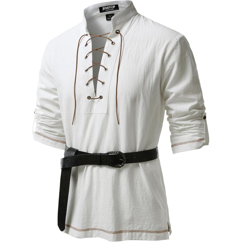 imageJEMITOP Mens Renaissance Cotton Lace Up Shirt Mandarin Collar Long Sleeve Costume for Medieval Pirate Viking Without BeltIvory White