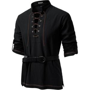 JEMITOP Men’s Renaissance Cotton Lace Up Shirt Mandarin Collar Long Sleeve Costume for Medieval Pirate Viking Without Belt(Black)