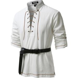 JEMITOP Men’s Renaissance Cotton Lace Up Shirt Mandarin Collar Long Sleeve Costume for Medieval Pirate Viking Without Belt(Ivory White)