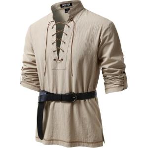JEMITOP Men’s Renaissance Cotton Lace Up Shirt Mandarin Collar Long Sleeve Costume for Medieval Pirate Viking Without Belt(Khaki)