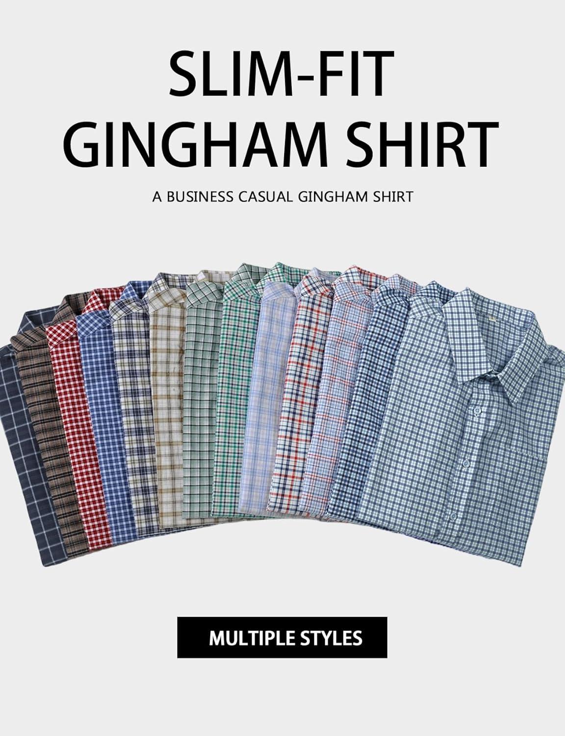 imageJEMITOP Mens Lightweight Slim Fit Short Sleeve Button Down Shirt Business Casual Plaid Dress Shirts with PocketLight Blue Gingham
