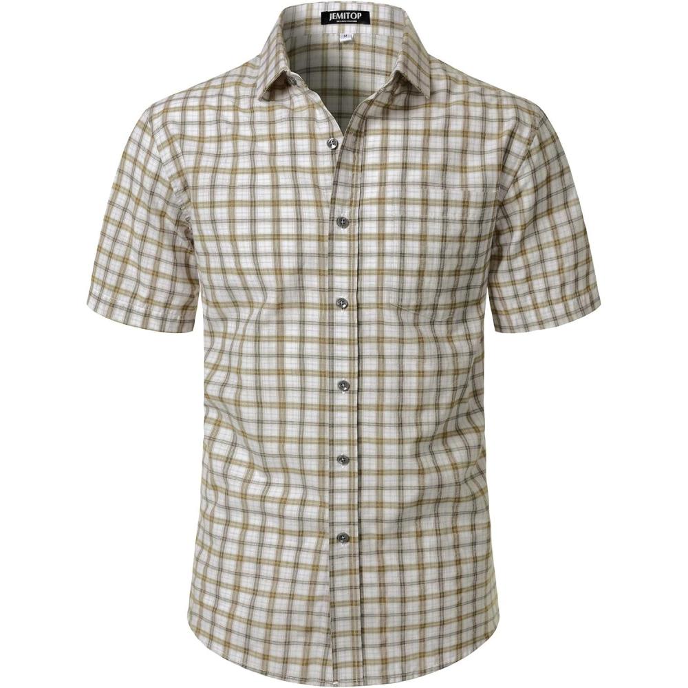 imageJEMITOP Mens Lightweight Slim Fit Short Sleeve Button Down Shirt Business Casual Plaid Dress Shirts with PocketBeige Khaki Gingham