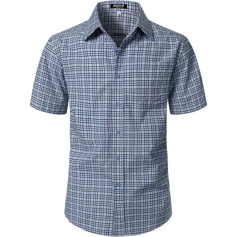 imageJEMITOP Mens Lightweight Slim Fit Short Sleeve Button Down Shirt Business Casual Plaid Dress Shirts with PocketBlue Gingham