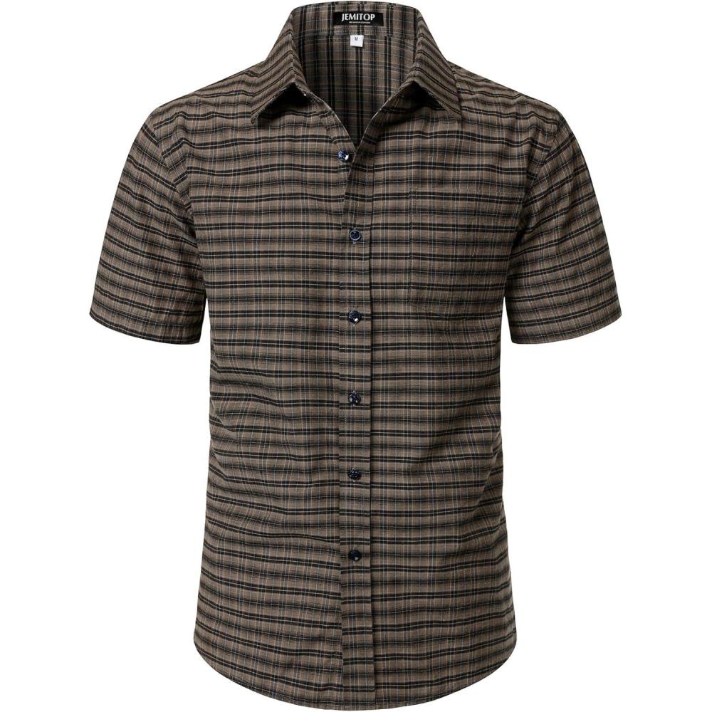 imageJEMITOP Mens Lightweight Slim Fit Short Sleeve Button Down Shirt Business Casual Plaid Dress Shirts with PocketBrown Gingham