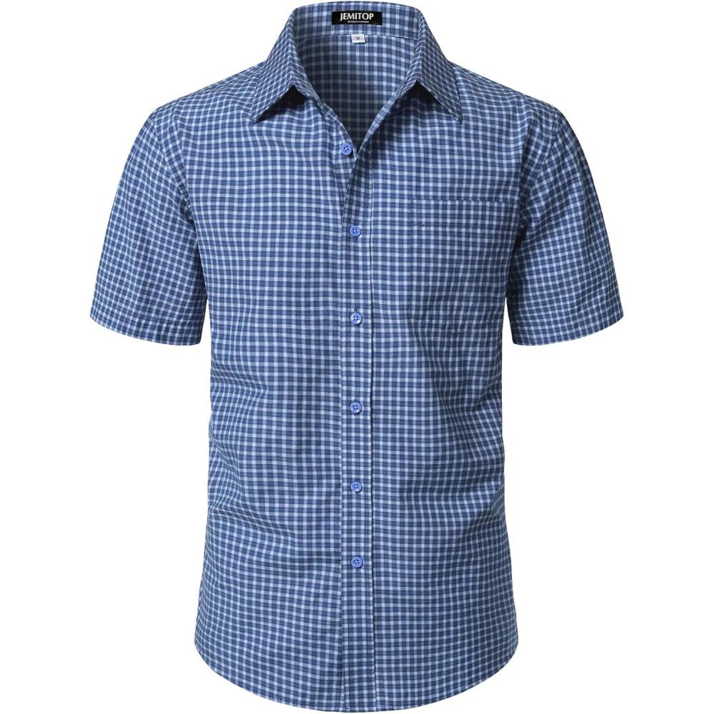 imageJEMITOP Mens Lightweight Slim Fit Short Sleeve Button Down Shirt Business Casual Plaid Dress Shirts with PocketClassic Blue Gingham
