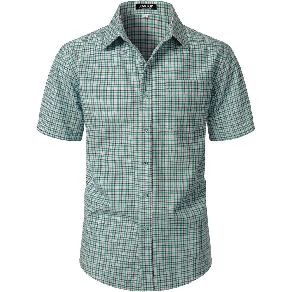 imageJEMITOP Mens Lightweight Slim Fit Short Sleeve Button Down Shirt Business Casual Plaid Dress Shirts with PocketGreen Gingham