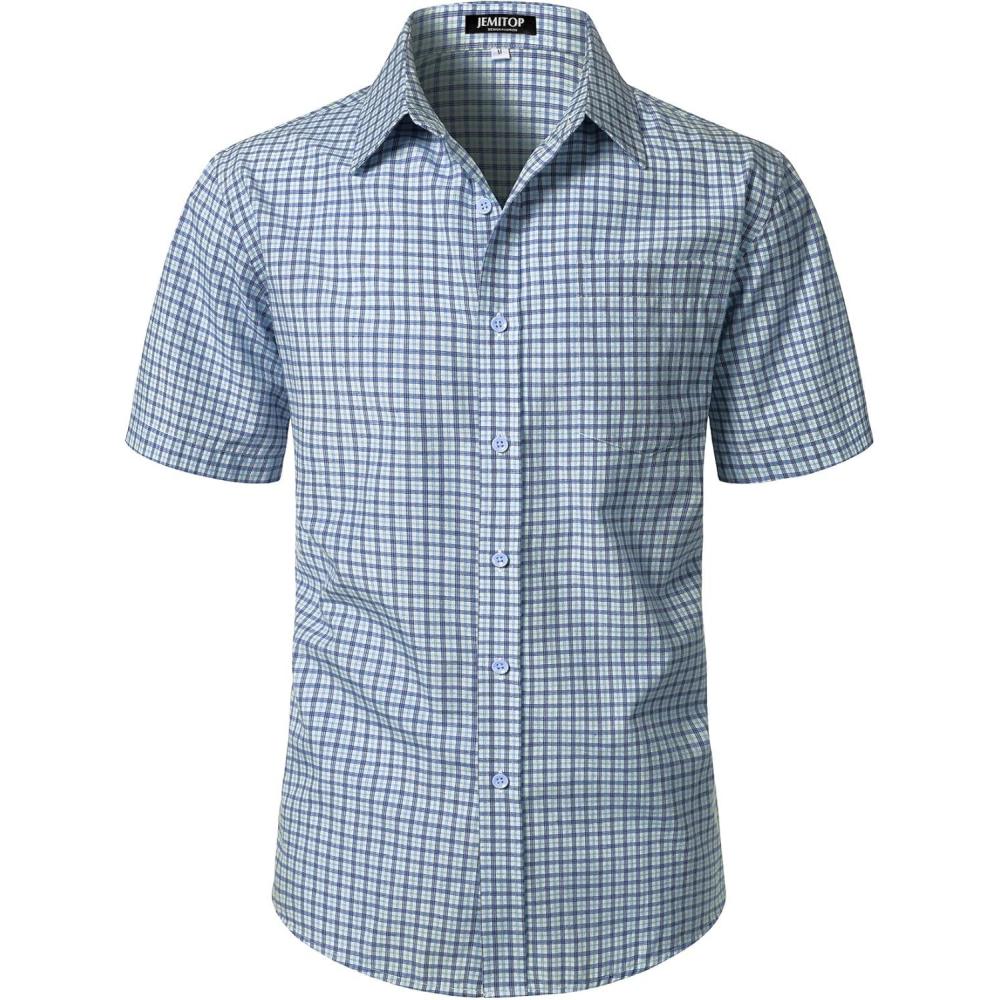 imageJEMITOP Mens Lightweight Slim Fit Short Sleeve Button Down Shirt Business Casual Plaid Dress Shirts with PocketLight Blue Gingham