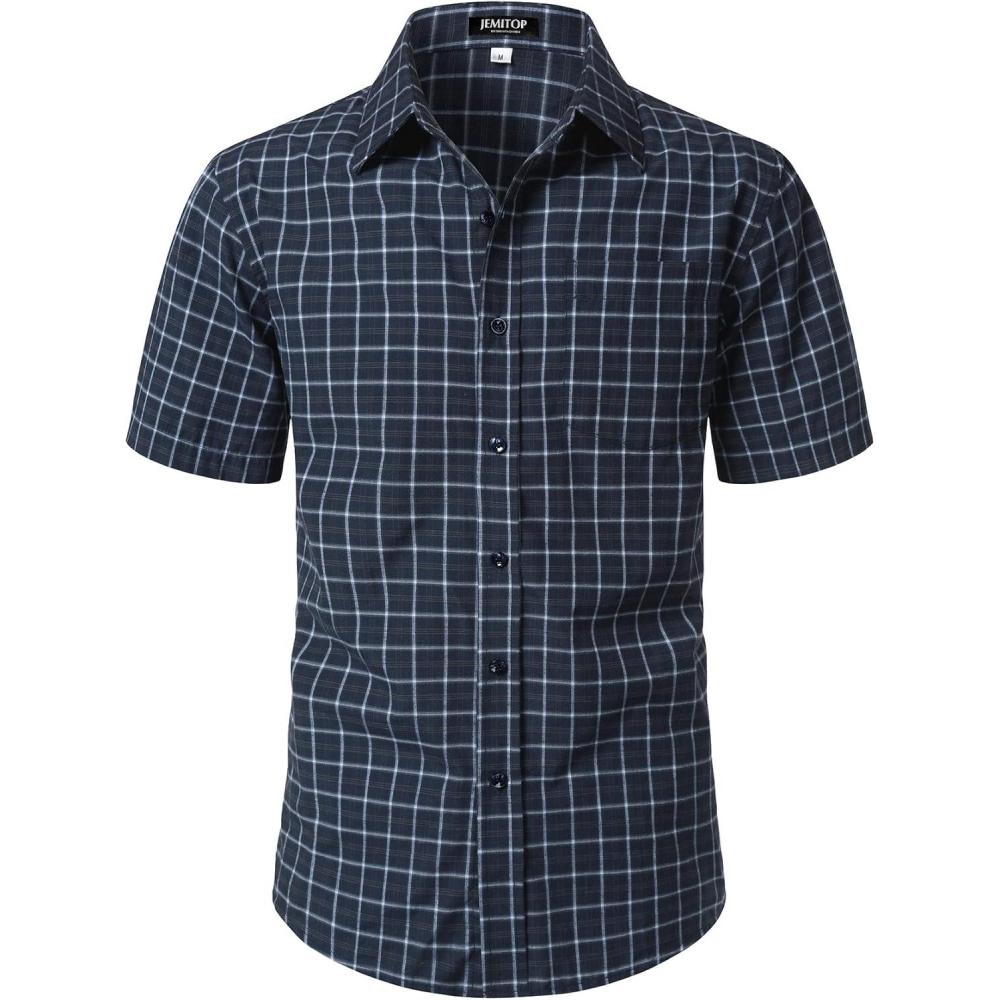 imageJEMITOP Mens Lightweight Slim Fit Short Sleeve Button Down Shirt Business Casual Plaid Dress Shirts with PocketNavy Blue Gingham