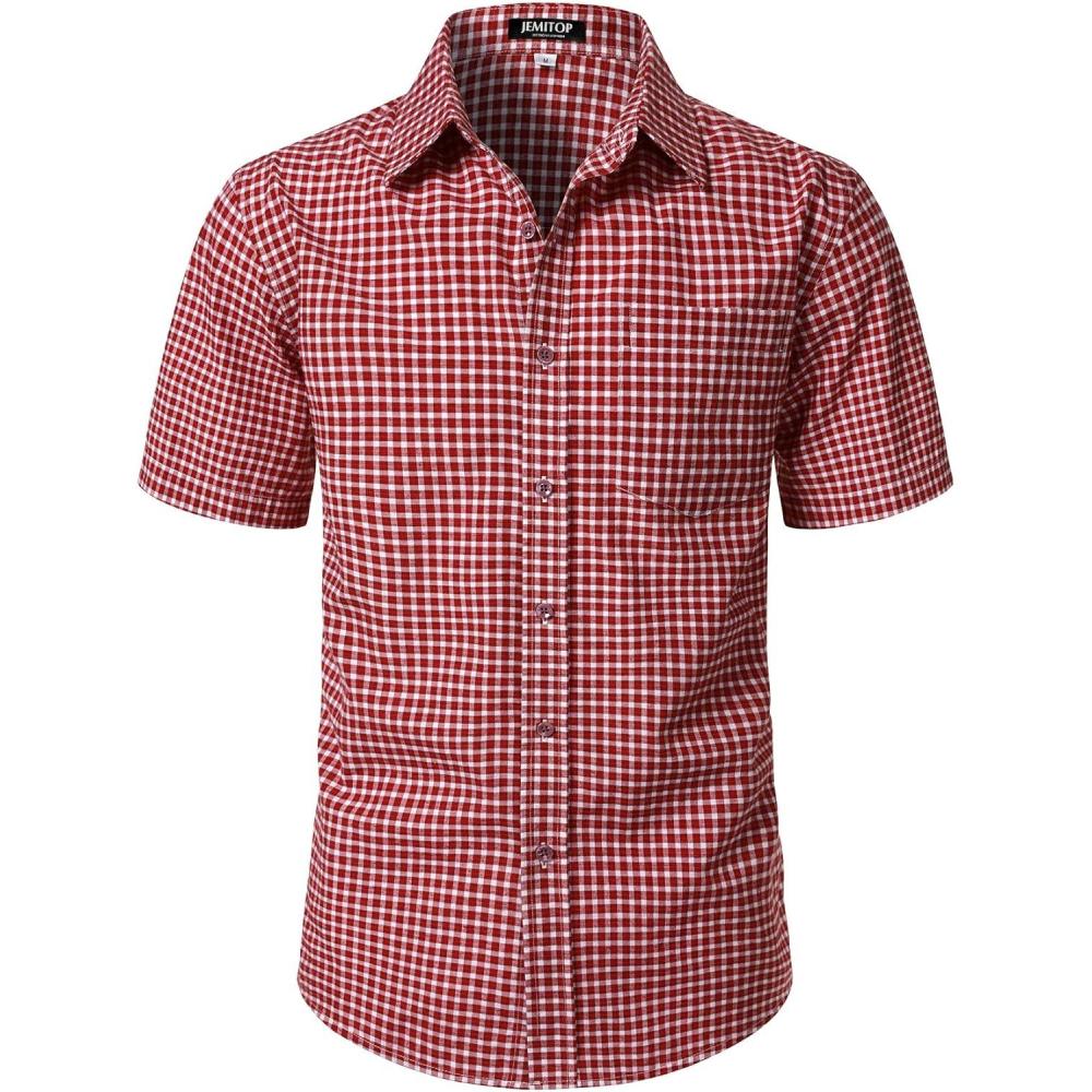 imageJEMITOP Mens Lightweight Slim Fit Short Sleeve Button Down Shirt Business Casual Plaid Dress Shirts with PocketRed Gingham