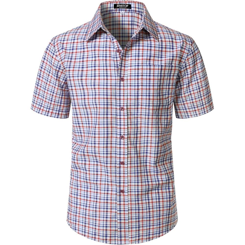 imageJEMITOP Mens Lightweight Slim Fit Short Sleeve Button Down Shirt Business Casual Plaid Dress Shirts with PocketRed White Gingham
