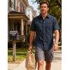 JEMITOP Mens Lightweight Slim Fit Short Sleeve Button Down Shirt Business Casual Plaid Dress Shirts with Pocket(Navy Blue Gingham)