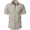 JEMITOP Mens Lightweight Slim Fit Short Sleeve Button Down Shirt Business Casual Plaid Dress Shirts with Pocket(Beige Khaki Gingham)