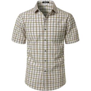 JEMITOP Mens Lightweight Slim Fit Short Sleeve Button Down Shirt Business Casual Plaid Dress Shirts with Pocket(Beige Khaki Gingham)