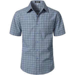 JEMITOP Mens Lightweight Slim Fit Short Sleeve Button Down Shirt Business Casual Plaid Dress Shirts with Pocket(Blue Gingham)