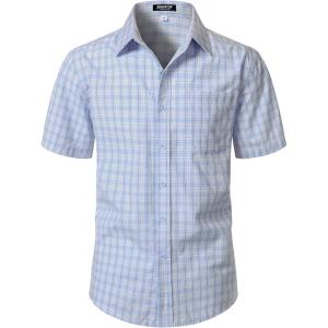 JEMITOP Mens Lightweight Slim Fit Short Sleeve Button Down Shirt Business Casual Plaid Dress Shirts with Pocket(Blue Purple Gingham)