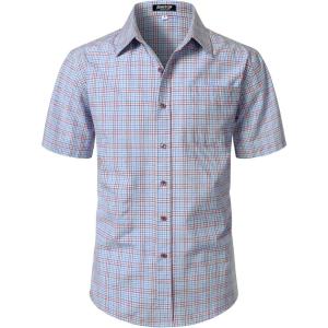 JEMITOP Mens Lightweight Slim Fit Short Sleeve Button Down Shirt Business Casual Plaid Dress Shirts with Pocket(Blue Red Gingham)
