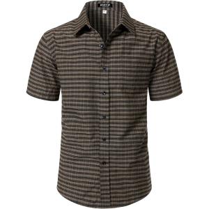 JEMITOP Mens Lightweight Slim Fit Short Sleeve Button Down Shirt Business Casual Plaid Dress Shirts with Pocket(Brown Gingham)