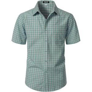 JEMITOP Mens Lightweight Slim Fit Short Sleeve Button Down Shirt Business Casual Plaid Dress Shirts with Pocket(Green Gingham)