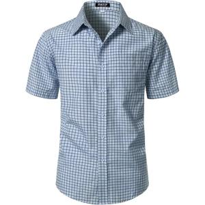 JEMITOP Mens Lightweight Slim Fit Short Sleeve Button Down Shirt Business Casual Plaid Dress Shirts with Pocket(Light Blue Gingham)