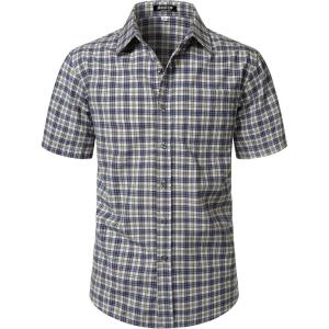 JEMITOP Mens Lightweight Slim Fit Short Sleeve Button Down Shirt Business Casual Plaid Dress Shirts with Pocket(Navy Beige Gingham)