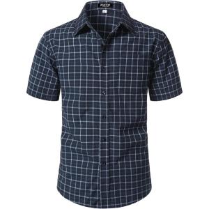 JEMITOP Mens Lightweight Slim Fit Short Sleeve Button Down Shirt Business Casual Plaid Dress Shirts with Pocket(Navy Blue Gingham)