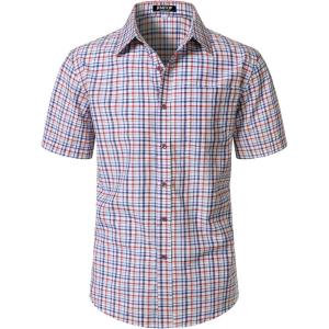 JEMITOP Mens Lightweight Slim Fit Short Sleeve Button Down Shirt Business Casual Plaid Dress Shirts with Pocket(Red White Gingham)