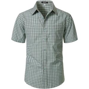 JEMITOP Mens Lightweight Slim Fit Short Sleeve Button Down Shirt Business Casual Plaid Dress Shirts with Pocket(Sage Green Gingham)