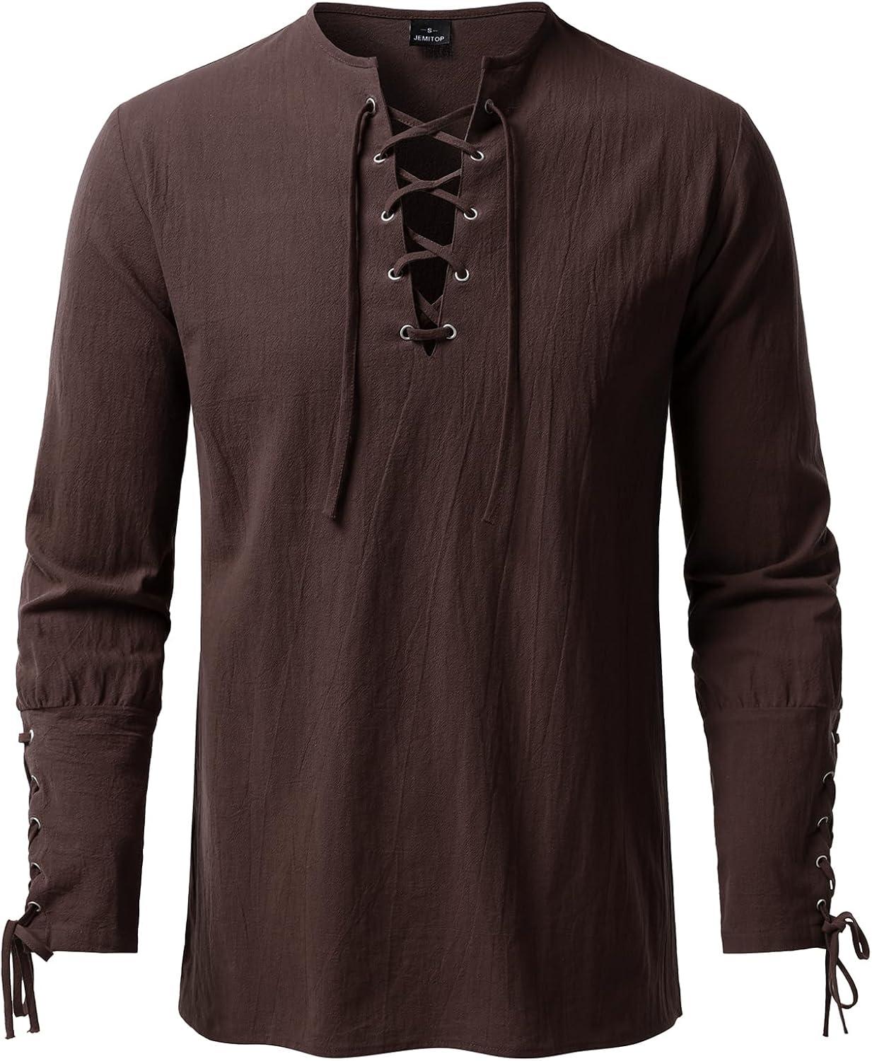 imageJEMITOP Mens Pirate Renaissance Cotton Arm Banded Shirt Long Sleeve Lace Up Costume for Medieval Viking Without BeltDark Brown