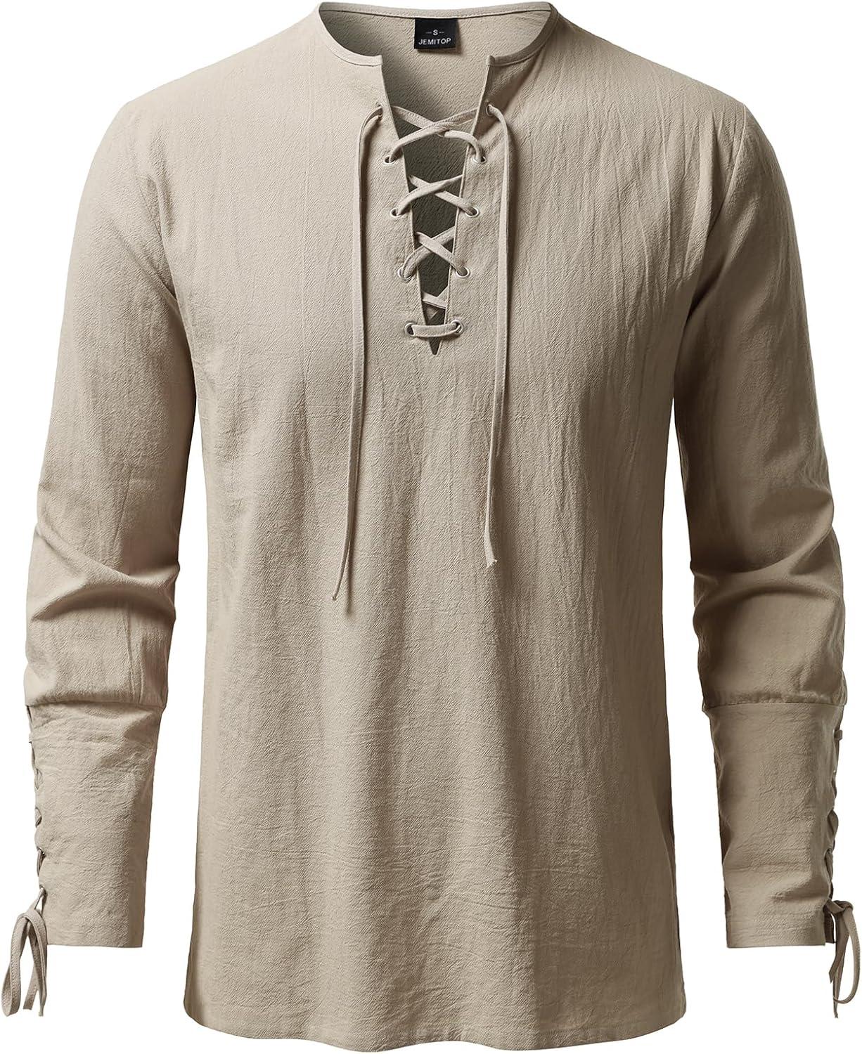 imageJEMITOP Mens Pirate Renaissance Cotton Arm Banded Shirt Long Sleeve Lace Up Costume for Medieval Viking Without BeltKhaki