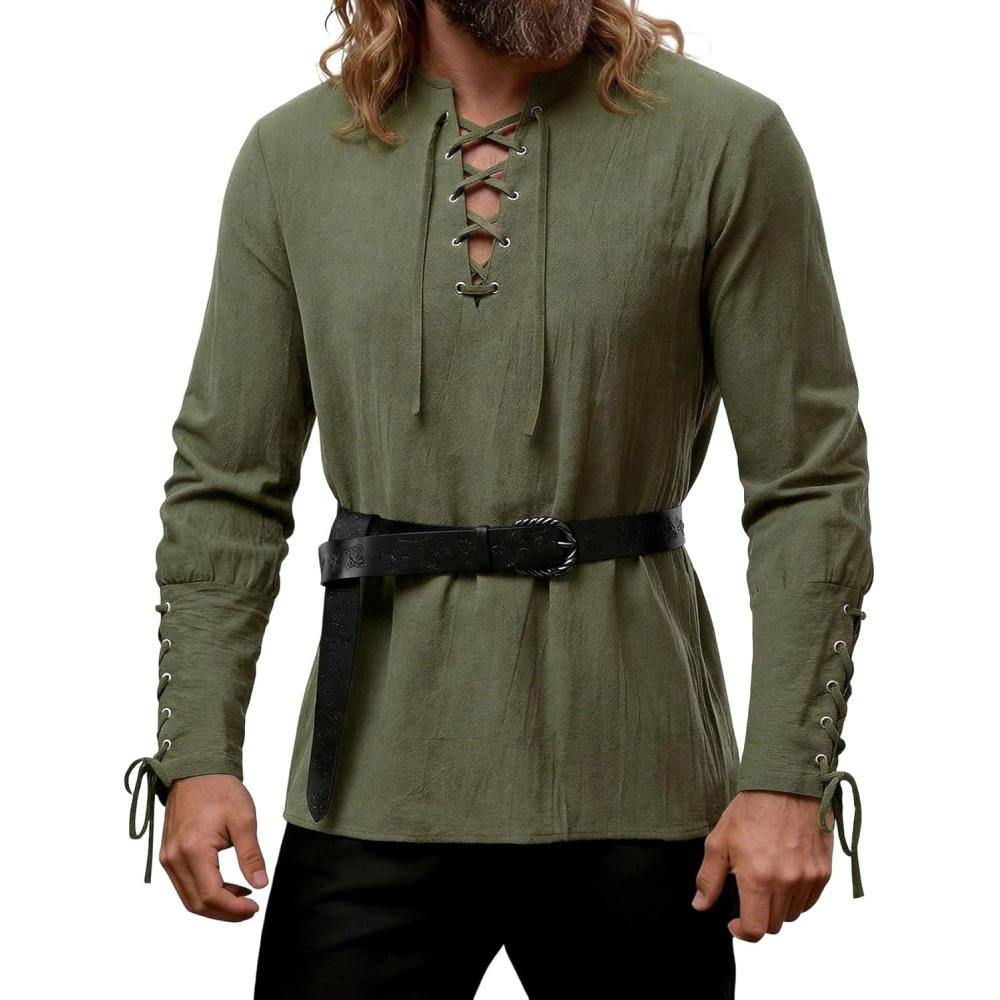 imageJEMITOP Mens Pirate Renaissance Cotton Arm Banded Shirt Long Sleeve Lace Up Costume for Medieval Viking Without BeltArmy Green