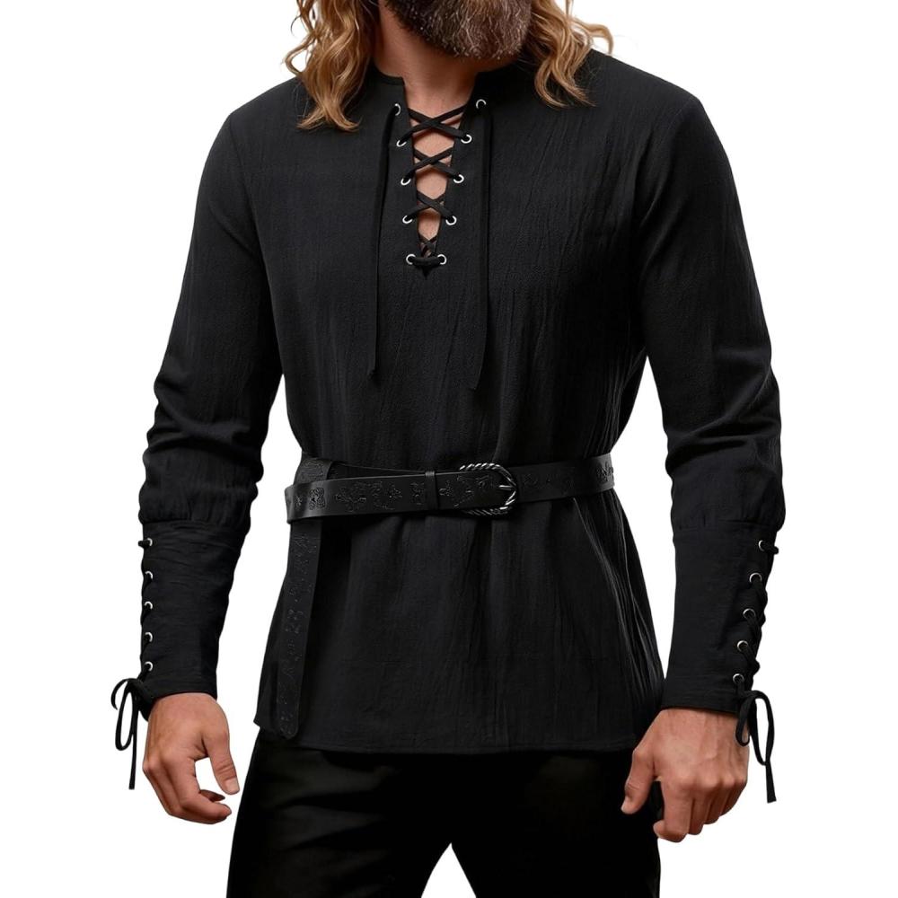 imageJEMITOP Mens Pirate Renaissance Cotton Arm Banded Shirt Long Sleeve Lace Up Costume for Medieval Viking Without BeltBlack