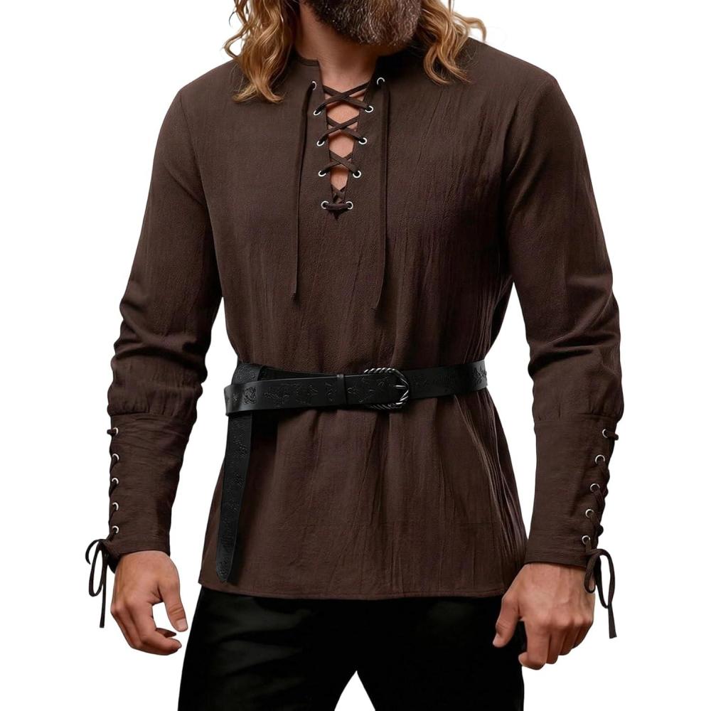 imageJEMITOP Mens Pirate Renaissance Cotton Arm Banded Shirt Long Sleeve Lace Up Costume for Medieval Viking Without BeltDark Brown